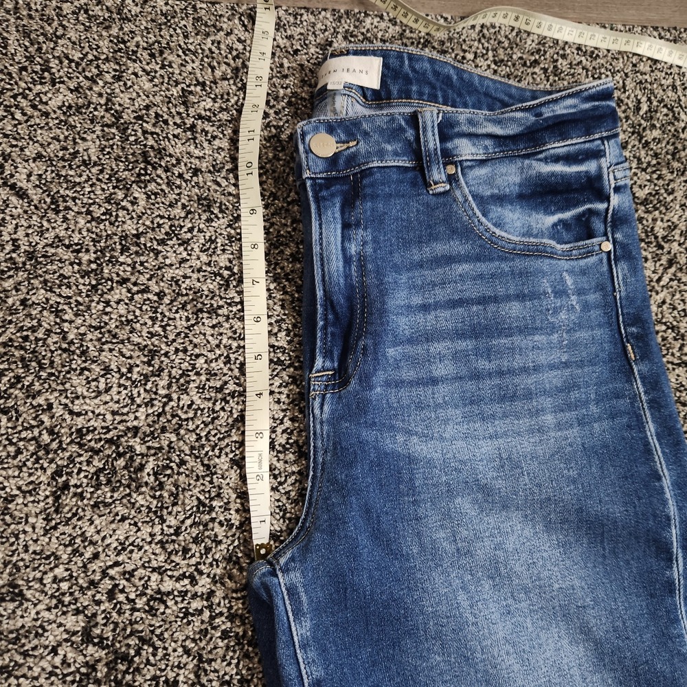 Risen Hi Rise Straight Leg Jeans Faded Front Stretch Rawhem Frayed Womens 15/32 - Picture 8 of 8
